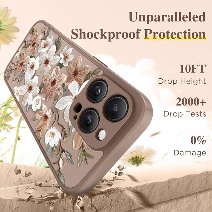 GVIEWIN for iPhone 16 Pro Case Compatible with MagSafe, [Military Grade Protection] [Screen Protector] Full Camera Protection Floral Translucent Women Magnetic Phone Case, Dogwood/Brown