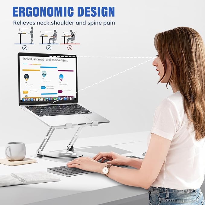 JOYEKY Laptop Stand for Desk, Adjustable Computer Stand with 360° Rotating Base, Ergonomic Laptop Riser for Collaborative Work, Foldable & Portable Laptop Stand, fits for All 10-16" Laptops (Sliver)