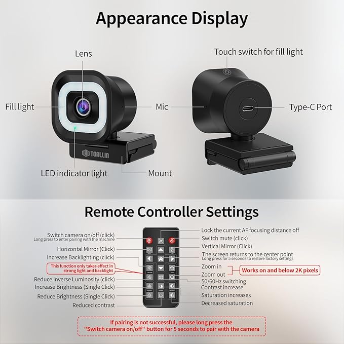 TOALLIN 4K Webcam with Ring Light, Remote Control, PDAF Autofocus, 1/2.5" Sensor & 12MP, Built-in Dual Mics, 5X Digital Zoom and Image Mirroring, Web Camera for Live-Streaming/Meetings/Video Calls