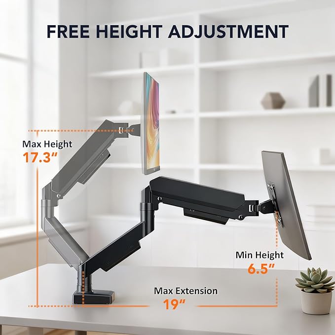 Hemudu Single Monitor Mount, Gas Spring Arm for 17-32 inch Screens Adjustable Monitor Stand, Vesa Mount Stand with Clamp and Grommet Aluminum Base - Fits 4.4 to 22lbs LCD Computer Monitors HD09B-001