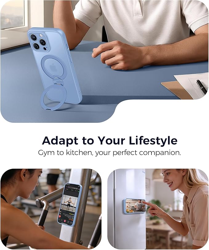 FNTCASE for iPhone 13 Pro Case: [360 Spin Magnetic Stand] [Compatible with Magsafe] [Screen Protector] Translucent Matte Military Grade Shockproof Full Camera Protective Phone Cover - Light Blue