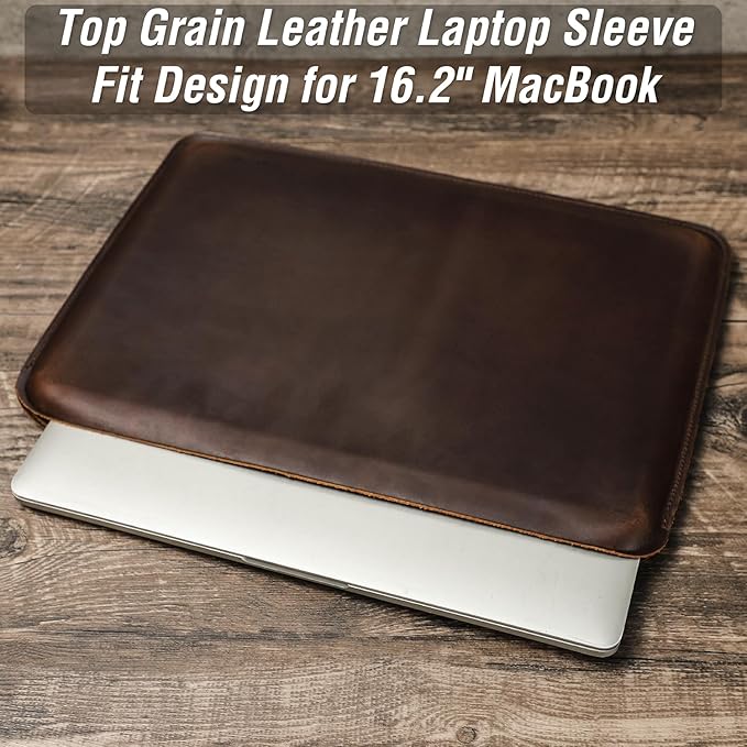 Top Grain Leather 16.2" Slim PC Sleeve Case, Solid Vintage Design, Handmade, Compatible with MacBook Pro 16.2" A2485 M1 Max 15" Touch Bar A2141 A1707 Pro 16" Touch ID A1990, Coffee 16.2 Inch