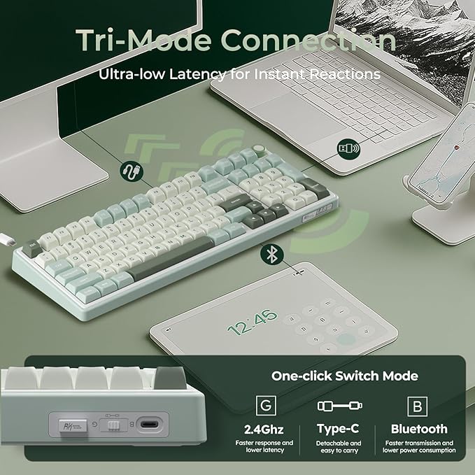 RK ROYAL KLUDGE R98 Pro Wireless Mechanical Keyboard, Creamy Bluetooth/2.4GHz/Wired RGB Gaming Keyboard with Number Pad and Knob, MDA Profile PBT Keycaps, Gasket Hot Swappable Tactile Switch, Cyan