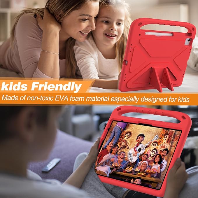 for iPad Air 11" M4 M3 M2 2026 2025 2024 Case for Kids, iPad Pro 11 Inch M5 M4 Case 2025 2024, Soft EVA Handle with Shoulder Strap Stand Cute Kids Friendly Bumper Cover, Red