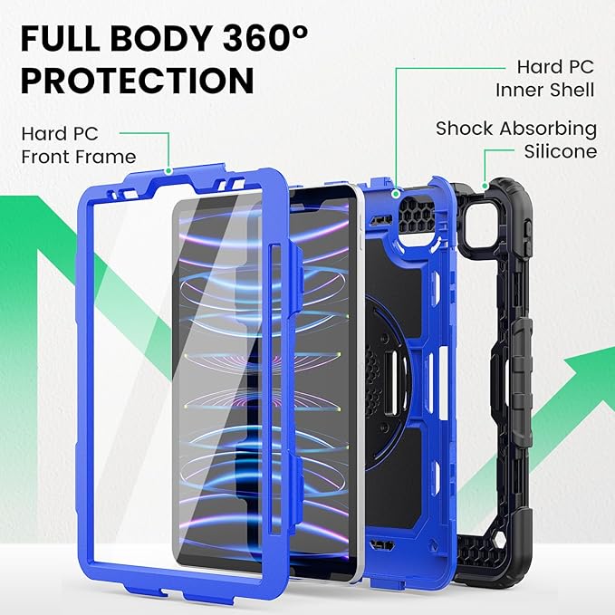 SEYMAC Case for iPad Pro 11 Case 4th/ 3rd/ 2nd/ 1st Gen (2022/2021/2020/2018), Full-Body Shockproof Protective Case with Screen Protector, 360° Rotating Stand and Hand/Shoulder Strap, Blue