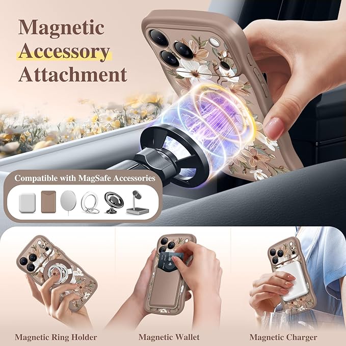 GVIEWIN for iPhone 17 Pro Case Compatible with MagSafe [Curly Wave Edge][Full Camera Protection] Floral Translucent Shockproof Magnetic Women Phone Case for iPhone 17 Pro 6.3'', Dogwood/Brown