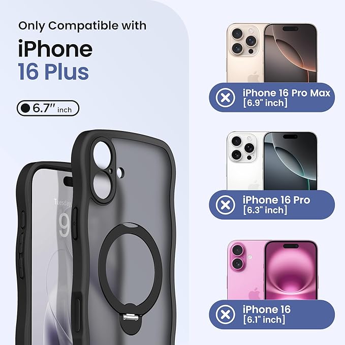 CAPRARO for iPhone 16 Plus Case with 360° Spin Magnetic Stand for Women, [Compatible with MagSafe] [Full Camera Protection] Cute Wave Translucent Matte Case for iPhone 16 Plus, Black