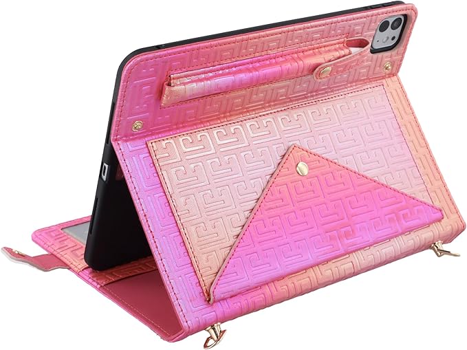 Shiny Case for iPad Pro 13" M5 M4 (2025/2024) Handbag Case, Techcircle Iridescent PU Leather Folio Envelope Pocket Stand Cover with Hand Strap+Shoulder Strap+Pencil Holder+Card Slots, Shiny Rose Pink