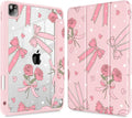 Tuiklol for iPad Pro 12.9 Inch 6th/5th/4th/3rd Generation 2022 2021 2020 2018 Case,Built-in Pencil Holder Clear Transparent Protective Back Shell Cover with Auto Sleep/Wake, Bow & Rose