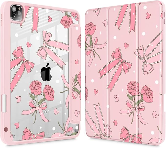 Tuiklol for iPad Pro 12.9 Inch 6th/5th/4th/3rd Generation 2022 2021 2020 2018 Case,Built-in Pencil Holder Clear Transparent Protective Back Shell Cover with Auto Sleep/Wake, Bow & Rose