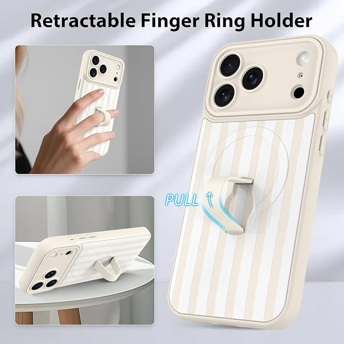 KANGHAR Compatible with iPhone 17 Pro Max Case, Support for MagSafe, Silicone Stripes Cute Pattern, Wristband Kickstand Camera Protection Soft Slim Cover for Girls Women -White