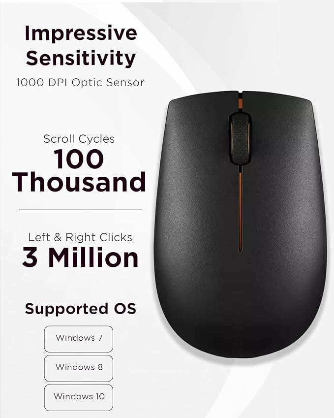 Lenovo 300 Wireless Mouse, Black, Computer Mouse for PC and Laptop with Windows, Ambidextrous Design, 2.4 GHz Nano USB Receiver, 12 Month Battery Life