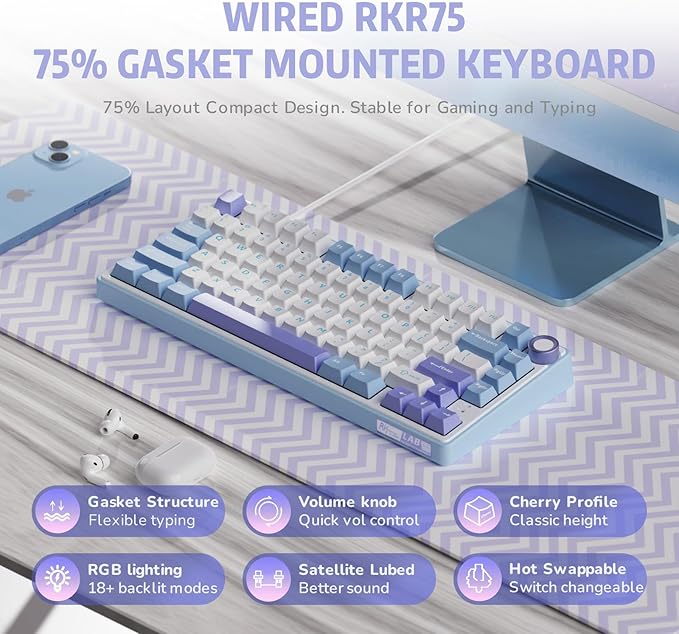 RK ROYAL KLUDGE R75 Mechanical Keyboard Wired with Volume Knob, 75% Custom Gaming Keyboard Gasket Mount RGB Backlit with Software, Cherry Profile, Hot Swappable Silver Switch, PBT Keycaps