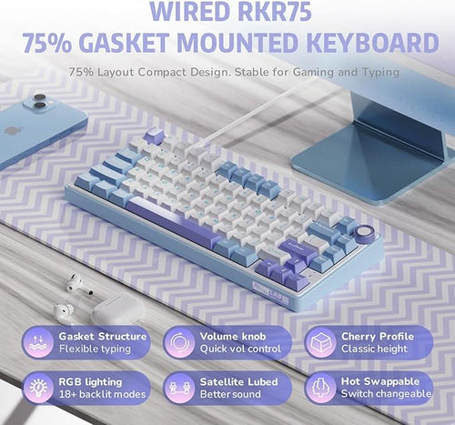 RK ROYAL KLUDGE R75 Mechanical Keyboard Wired with Volume Knob, 75% Custom Gaming Keyboard Gasket Mount RGB Backlit with Software, Cherry Profile, Hot Swappable Silver Switch, PBT Keycaps