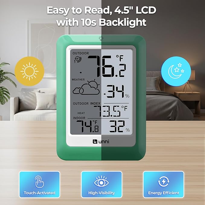 Indoor Outdoor Thermometer Wireless, Temperature Humidity Monitor Battery Powered Inside Outside Thermometers with 330ft Range Remote Sensor(Green)