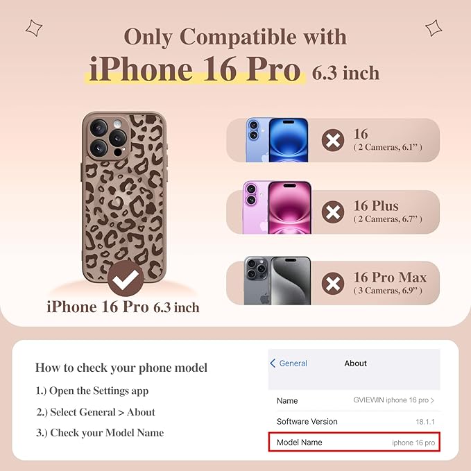 GVIEWIN for iPhone 16 Pro Case Compatible with MagSafe, [Military Grade Protection] [Screen Protector] Full Camera Protection Floral Translucent Women Magnetic Phone Case, Leopard/Brown