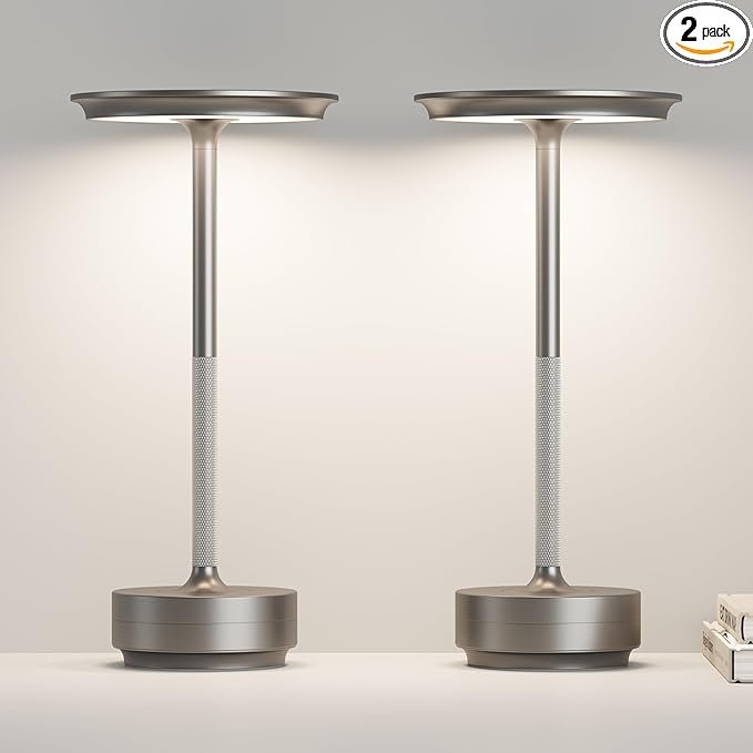 LED Cordless Table Lights Set of 2, Built-in 5000mAh Battery Rechargeable Outdoor Waterproof Portable Touch Battery Table Lamps with Memory Function,for Patio/Campsite/Work（Silver ）
