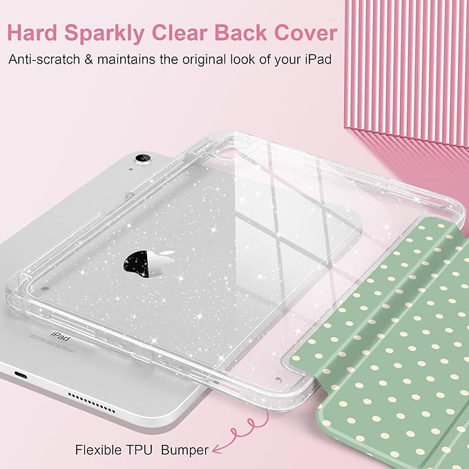 DONGKE for iPad Pro 11 inch Case – Fits M5 2025 / M4 2024, Shockproof Sparkling Glitter Acrylic Back, Pencil Holder, Trifold Stand, Auto Sleep/Wake & Touch ID Support - Green Polka Dot