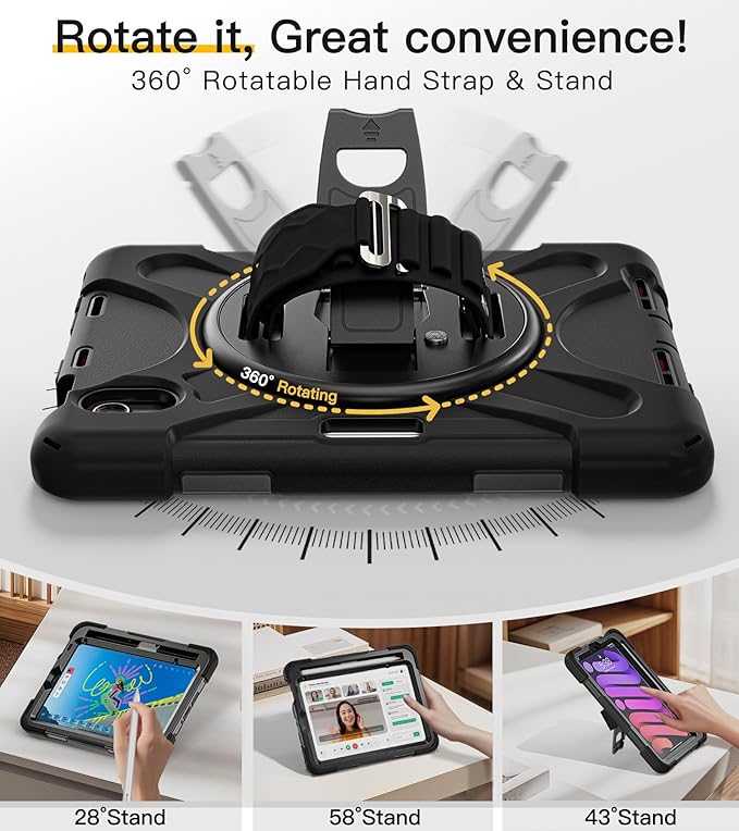 BRAECN for iPad mini 7(A17 Pro)/ 6 case 2024/2021 8.3 inch Heavy Duty Shockproof Protective with Pencil Holder Screen Protector 360°Rotating Stand Handle Full Body Cover Shoulder Strap Kids Friendly