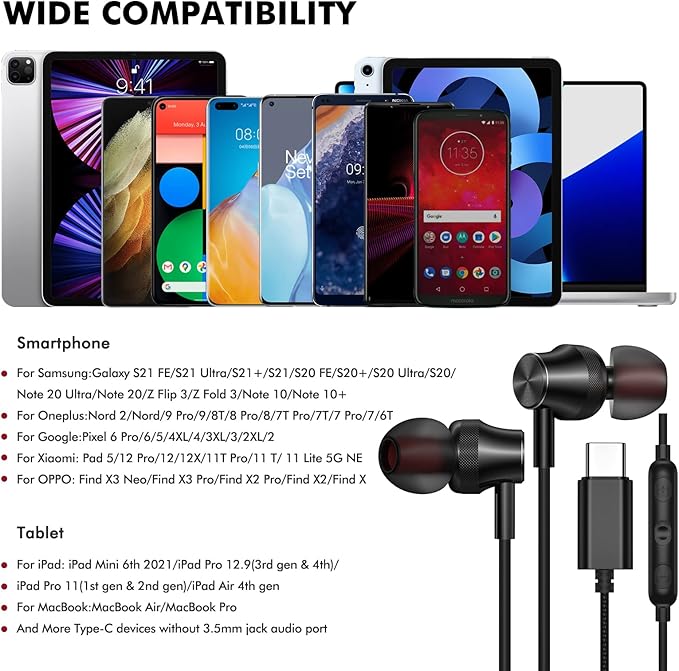 USB C Wired Earbuds for Google/Pixel 10 10a 9 8 8A 7 7A 6A for iPhone 17 17e Air 16 Pro Max 16e 15 Plus Corded Headphones for Apple/Android Type C Earphones for Samsung/Galaxy S26 S25 S24 Ultra Black