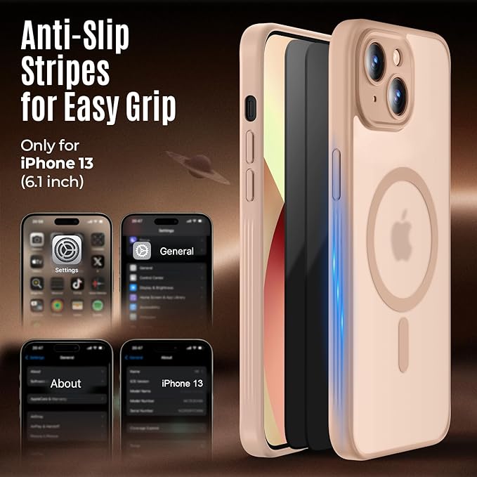 Symcele Designed for iPhone 13 Case, Compatible with MagSafe, with Privacy Screen Protectors X2, [Camera Protection] [15FT Military Drop Protection] Shockproof Phone Case, 6.1", Light Brown