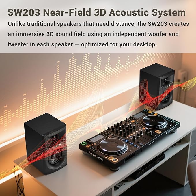 Sanyun SW203 2.0 Desktop Computer Speakers - Near-Field 3D Stereo with Vertical Imaging - 60W Triple-DSP Dual Independent Drive - 24bit USB-C DAC Bluetooth 5.4 AUX, HiFi PC Gaming (Pair, Black)