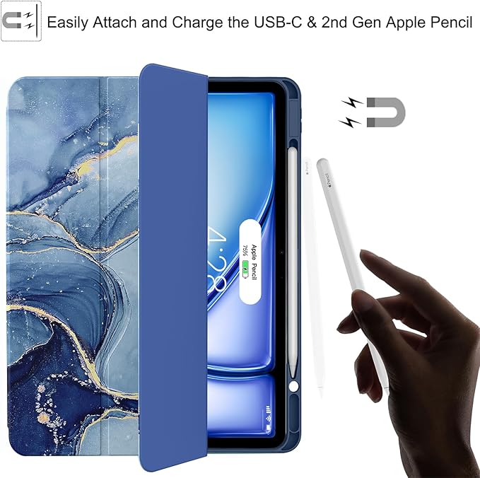 Soke Case for iPad Air 13 Inch (M4/M3/M2,2026-2024), iPad Pro 12.9" 6th/5th Generation with Pencil Holder(2021 2022 Release)-[Apple Pencil Charging + Auto Wake/Sleep] Soft Back Cover, Navy Marble