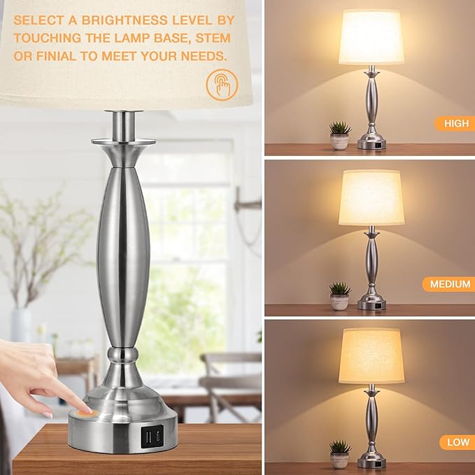 Seealle Beige Lamps for Bedrooms Set of 2 - Touch Control Bedside Lamp with USB C+A, 3 Way Dimmable Nightstand Lamps with USB Port, Table Lamp for Living Room(Beige Shade and Nickel Base)