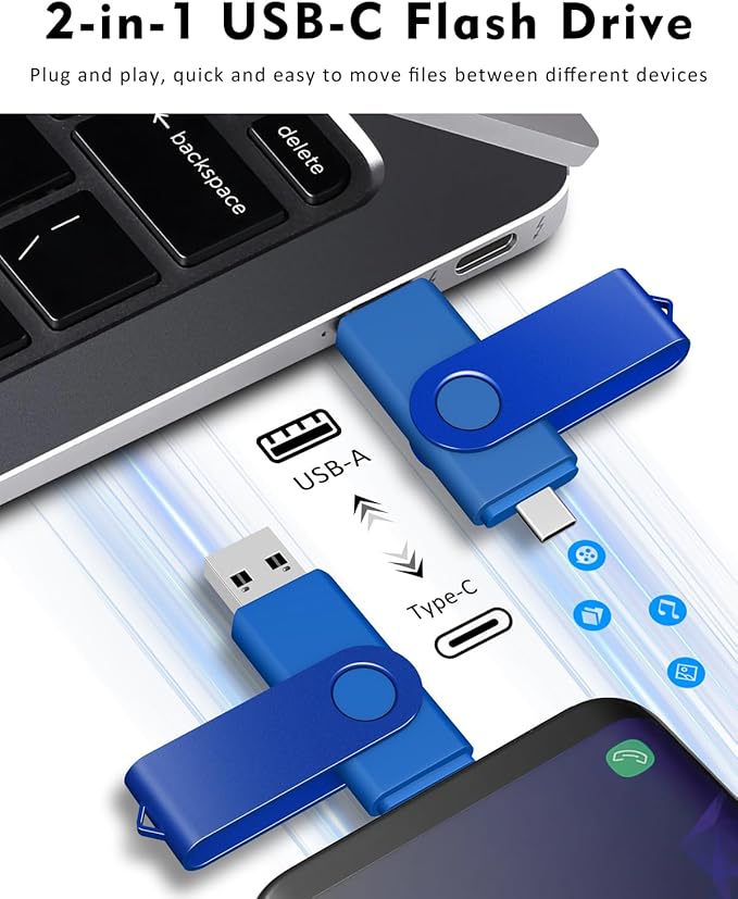 AreTop 16GB USB C Thumb Drive 2 in 1 OTG USB 2.0 + Type C Memory Stick with Keychain Dual Type-C Thumb Drive Photo Stick Jump Drive for Android Smartphones, Computer, Tablet, PC, 1 Pack (Blue)