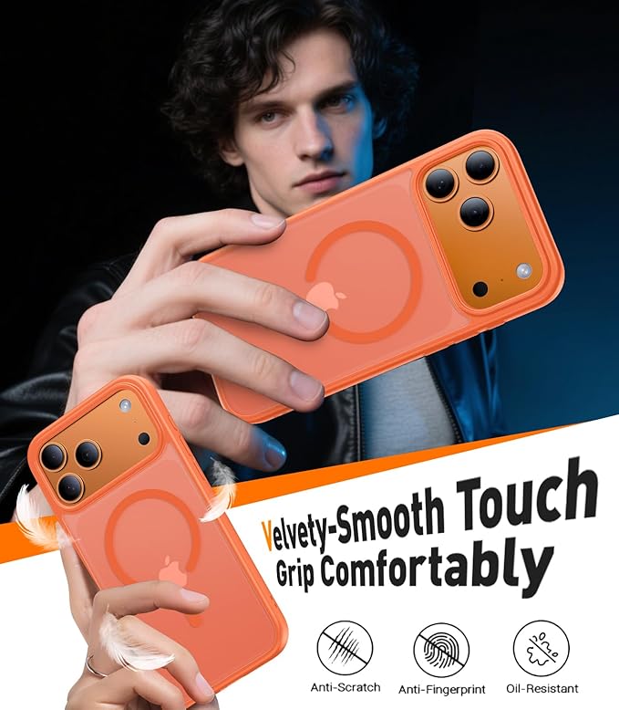 Magnetic for iPhone 17 Pro Case,[Anti-Slip][Compatible with MagSafe][Military Grade Drop Protection] Shockproof Protective Translucent Matte Phone Case for iPhone 17 Pro Case,Orange