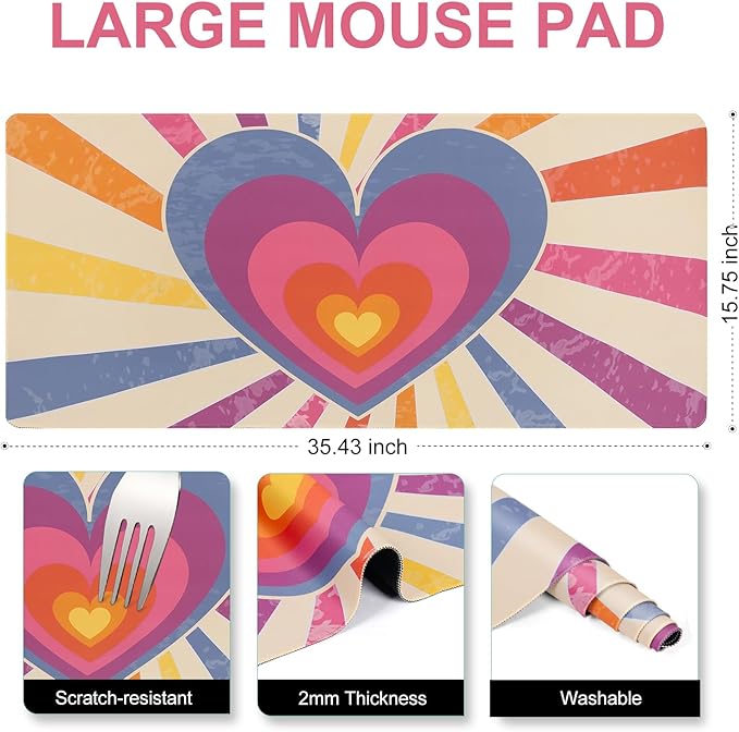 L-SPOUTTO Geometric Heart Desk Mat for Keyboard and Mouse,Abstract XXL Large Mouse Pad,35.4x15.7in Non-Slip Keyboard Pad Waterproof Desktop Mat for Laptop Computer Work Game Home Office-Groovy Heart