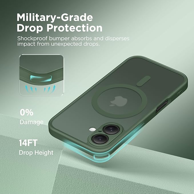 CAPRARO Magnetic Compatible with iPhone 16 Case, Upgraded [Full Camera Protection] [Compatible with MagSafe] Protective Translucent Matte Women Girl Phone Case Cover, Deep Green