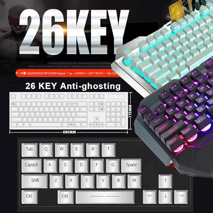 Wireless Keyboard and Mouse, Blue LED Backlit Rechargeable Keyboard with 3800mAh Battery, Metal Panel, Removable Hand Rest Mechanical Feel, 7 Color Gaming Mute Mouse for PC Gamers