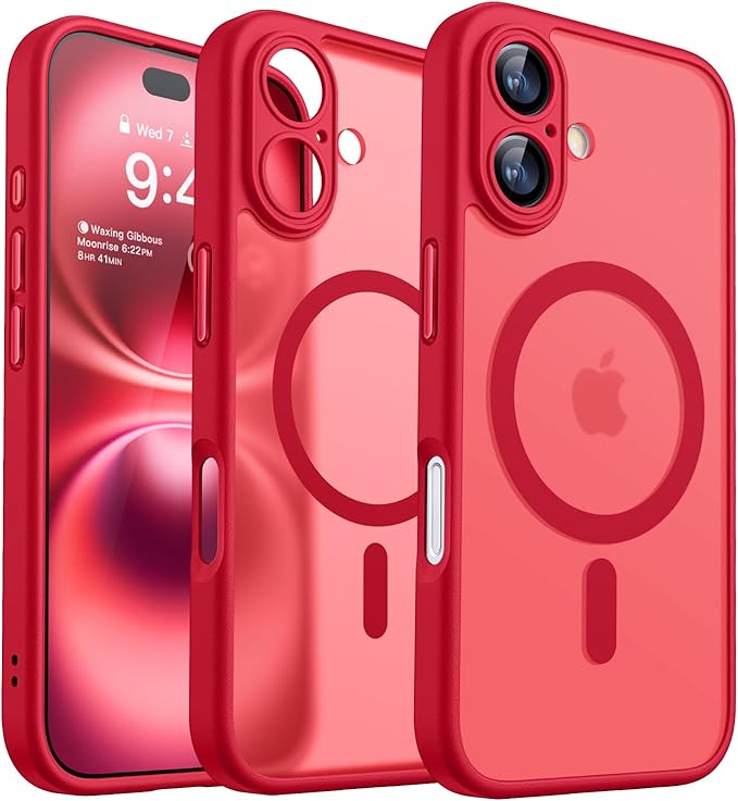 CANSHN Magnetic for iPhone 16 Plus Case, Upgraded [Full Camera Protection] [Compatible with Magsafe] [Translucent Matte] Shockproof Protective Phone Case for iPhone 16 Plus - Red