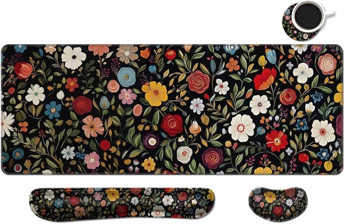 MIBITRI Keyboard Mouse Pad Set, Extended Gaming Mouse Pad+Ergonomics Keyboard Wrist Rest Support, Memory Foam, Easy Typing Pain Relief, 4Pcs XXL Ultra Thick Desk Mat, Red Florals
