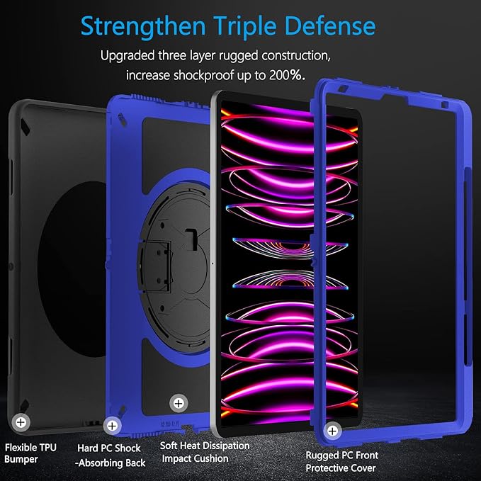 Miesherk Military Grade Heavy Duty Shockproof Case for iPad Pro 12.9 Inch 6th/5th/4th Generation with Pencil Holder, Rotating Stand, and Hand Strap - Blue