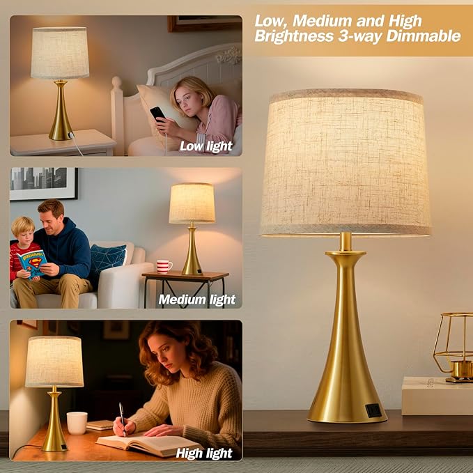 Touch Lamp for Living Room Bedroom, 21" Table Lamps Set of 2 with USB C+A Ports, Touch Bedside Lamps for Nightstand with 3 Way Dimmable, 2 LED Bulbs Included, Gold