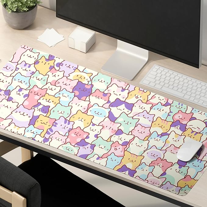 Cute Cat Mouse Pad XXL Large 35.4"x15.8" Extended Gaming Mousepad Kawaii Cat Mouse Mat for Women Desk Mat with Stitched Edges XXL Non-Slip Base Computer Keyboard Pad for Home Office Work Gamer