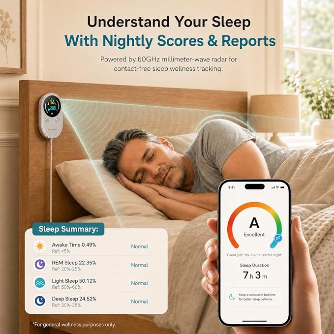 Contactless Smart Sleep Monitor, Sleep Quality Breathing Pattern Monitoring, Latest Millimeter-Wave Radar Technology, Contactless & Secure, Personalized Sleep Tracking & Report