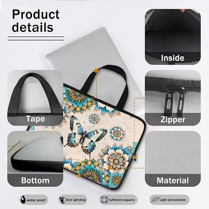 Bohemia Butterfly 13 Inch Laptop Sleeve, Laptop Cover Computer Bag Tablet Carrying Case with Handle Tote Bags Notebook Handbag Messenger Briefcase for Travel/Business/School/Work