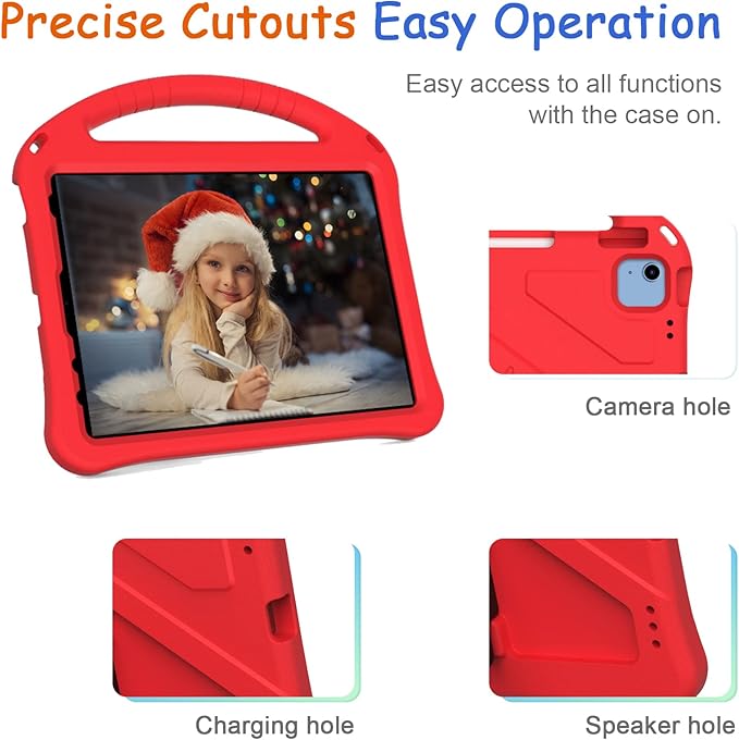 Kids Case for iPad A16 11th/10th Generation 2022/2025 11-Inch iPad Cover with Pencil Holder, Techcircle Lightweight Shockproof EVA Foam Rugged Handle Stand Anti-Slip Grip Protective Case, Red