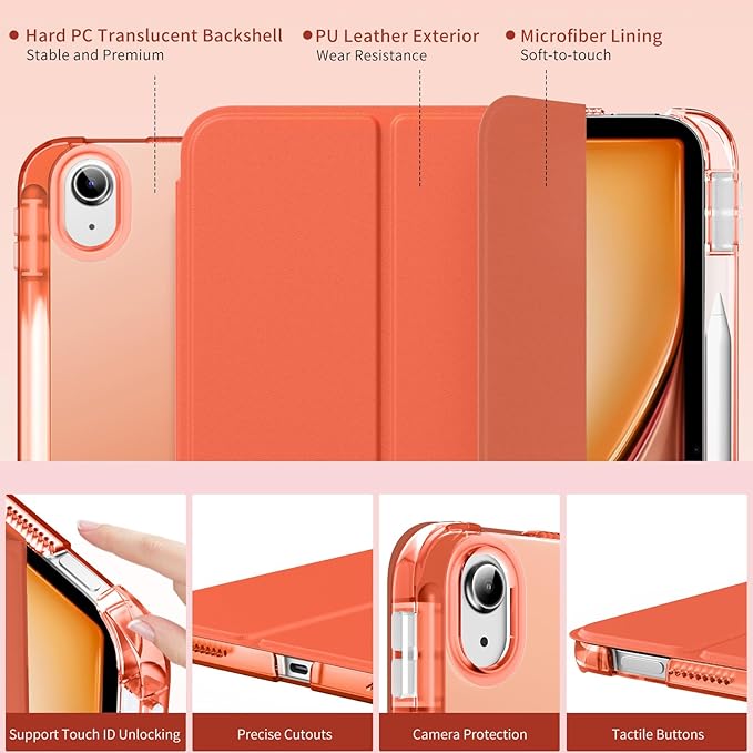 MoKo for iPad Air 11 inch Case (M4/M3/M2) 2026/2025/2024, iPad Air 5th/4th Gen 10.9 inch Case 2022/2020 with Pencil Holder, Slim Light Trifold Cover with Hard PC Translucent Back Shell, Orange