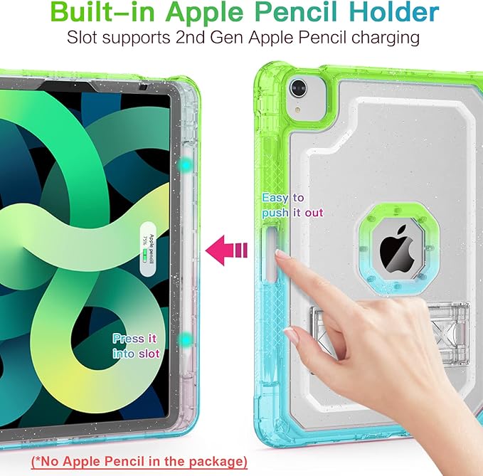 ZoneFoker Case for iPad Air 5th/ 4th Generation Case (2022/2020) 10.9'', for iPad Pro 11 Inch (4th/3rd/2nd/1st Gen), Hard Slim Cover for iPad Air 5 4 th with Pencil Holder/Stand, Green to Blue Glitter