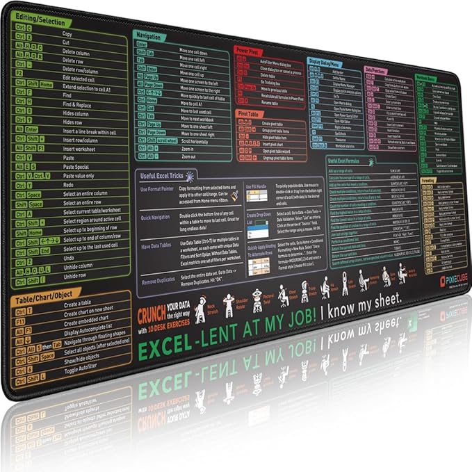 Pixiecube Excel Cheat Sheet Desk Pad | Excel Shortcut Keys Mouse Pad | Extended Large XL Gaming Mousepad | PC Office Spreadsheet Keyboard Mat | Non-Slip Stitched Edge