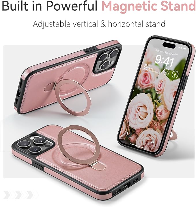 Compatible with iPhone 14 Pro Max Case with Stand, Compatible with MagSafe, Slim PU Leather & Durable TPU Protective Cover Drop-Proof with Tempered Glass Screen Protector 6.7", Rose Gold