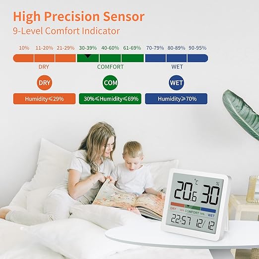 NOKLEAD Indoor Hygrometer Thermometer - Digital Temperature & Humidity Monitor with Calibration, Clear LCD Display & Clock, Accurate Room Gauge for Home, Baby Room, Office (2-Pack)