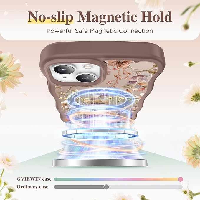 GVIEWIN Cute for iPhone 14 Case & iPhone 13 Case [Compatible with MagSafe] [Curly Wave Edge] Floral Translucent Magnetic Shockproof Protective Phone Cover for iPhone 14/13 6.1'', Corn Poppy/Brown