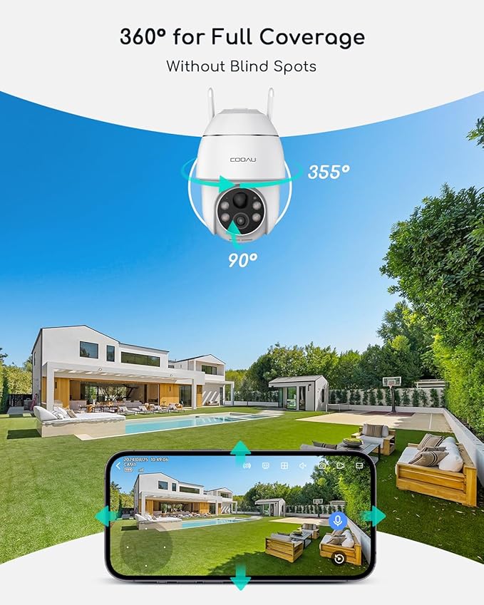 COOAU 4MP Solar Security Cameras Wireless Outdoor, 64GB Local Storage Outdoor Camera Wireless System, 360° Home Security, 5GHz & 2.4GHz WiFi, No Monthly Fee, Color Night Vision, PIR Motion Detection