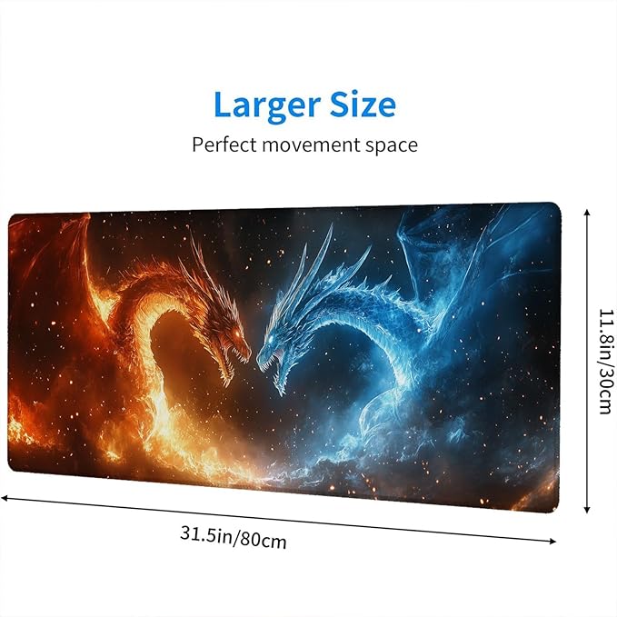 Japanese Anime Dragon Desk Mat Fantasy Fire Ice Dragon Mousepad XL Large Gaming Mouse Pad Laptop Keyboard Mat Desk Pad 31.5"x11.8" Office Home Decor for Women Girl
