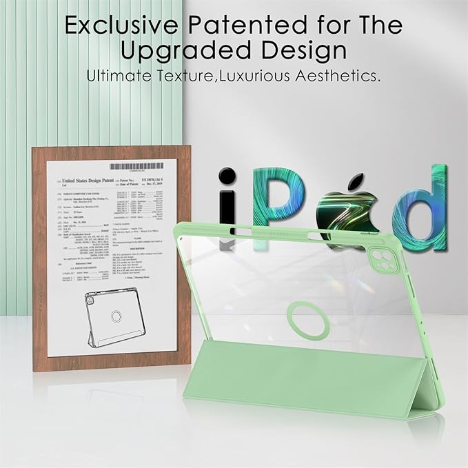 Soke for New iPad Air 13 Inch Case (M3 2025/M2 2024) with Pencil Holder, [Auto Wake/Sleep + Camera Protection] Shockproof Cover with Clear Transparent Back for Apple iPad Pro 12.9", Matcha Green